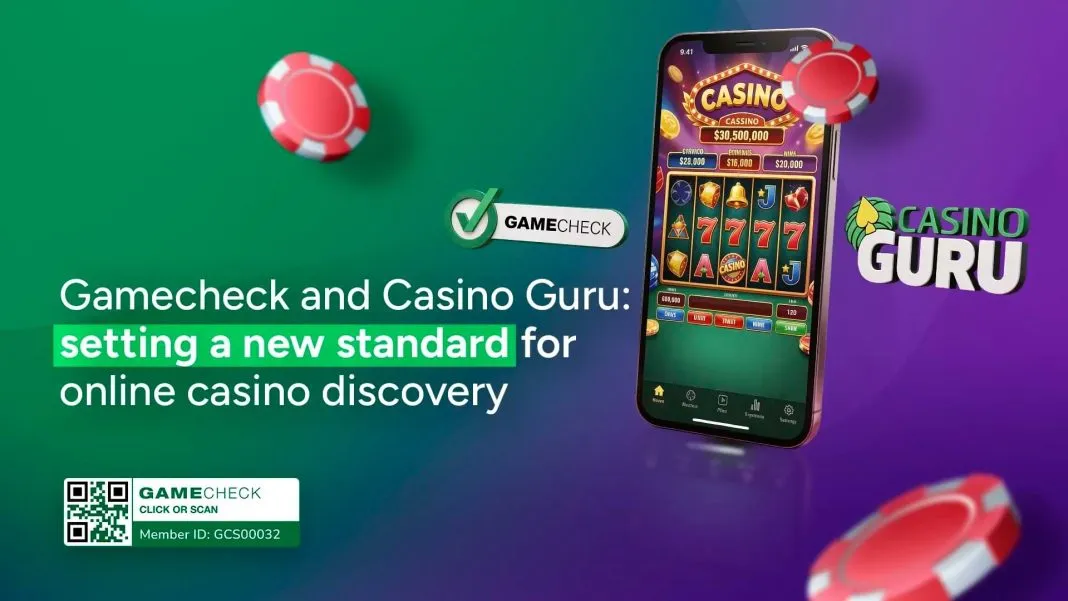 Promotional image showing Gamecheck and Casino Guru partnership with smartphone displaying online casino slots, Gamecheck verification badge, casino chips, and text about setting a new standard for online casino discovery