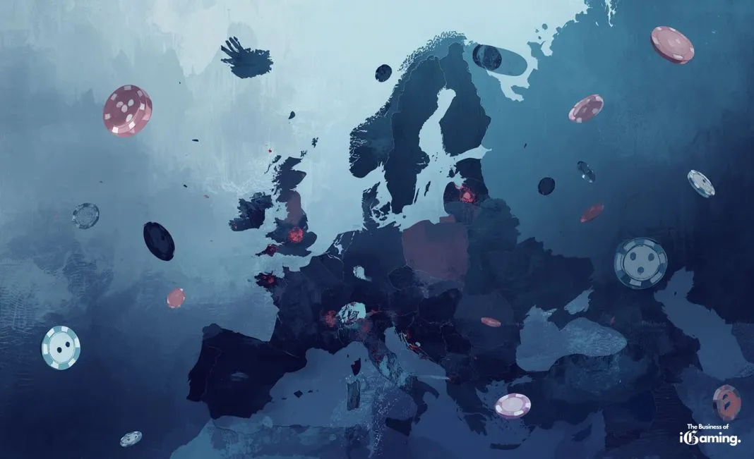 Stylized dark blue map of Europe with floating casino chips highlighting iGaming markets, branded The Business of iGaming